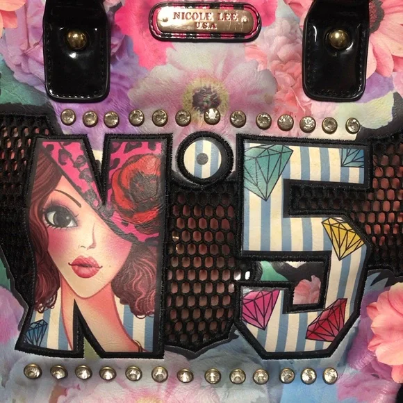 NICOLE LEE N’5 Colorful Graphic Handbag Stud Details.Woman Print, rhinestones. - Picture 10 of 11
